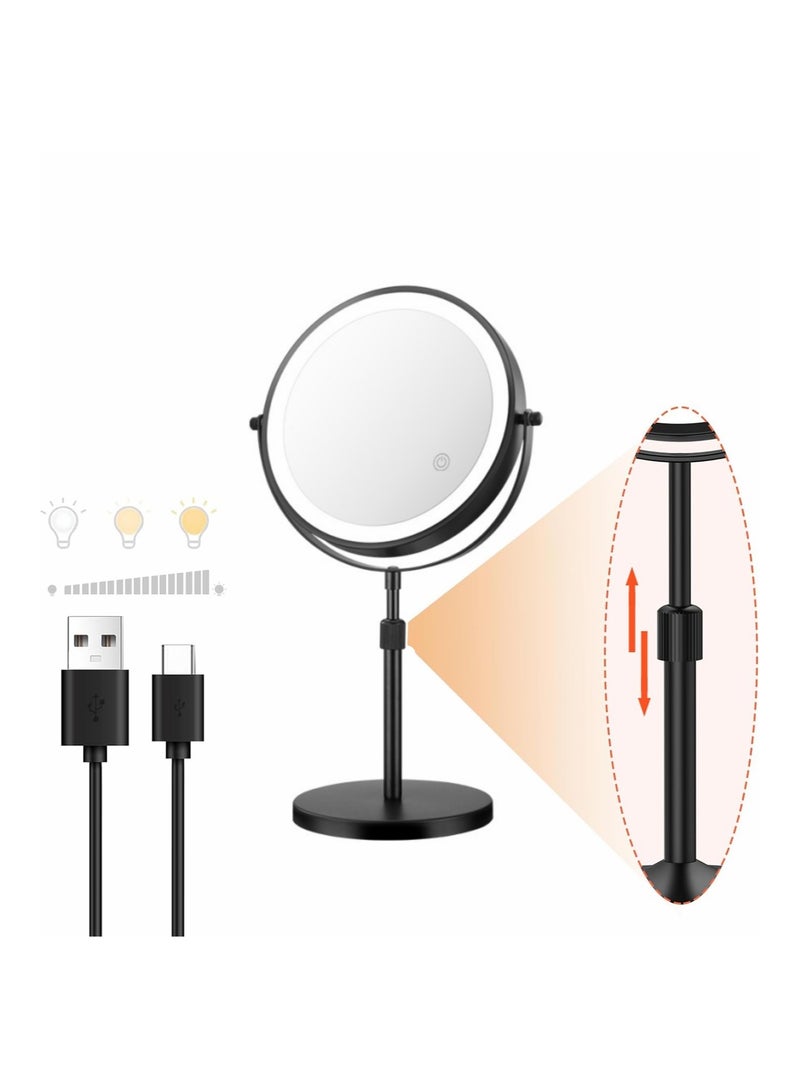 XiuWoo Rechargable LED Lighted Makeup Mirror Tabletop, 10X Magnifying Mirror with 3 Color Lights, Brightness Adjustable Height Adjustable, Double Sided Mirror in Black - Image 1