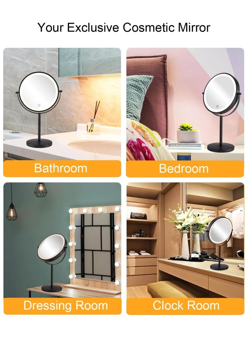 XiuWoo Rechargable LED Lighted Makeup Mirror Tabletop, 10X Magnifying Mirror with 3 Color Lights, Brightness Adjustable Height Adjustable, Double Sided Mirror in Black - Image 3