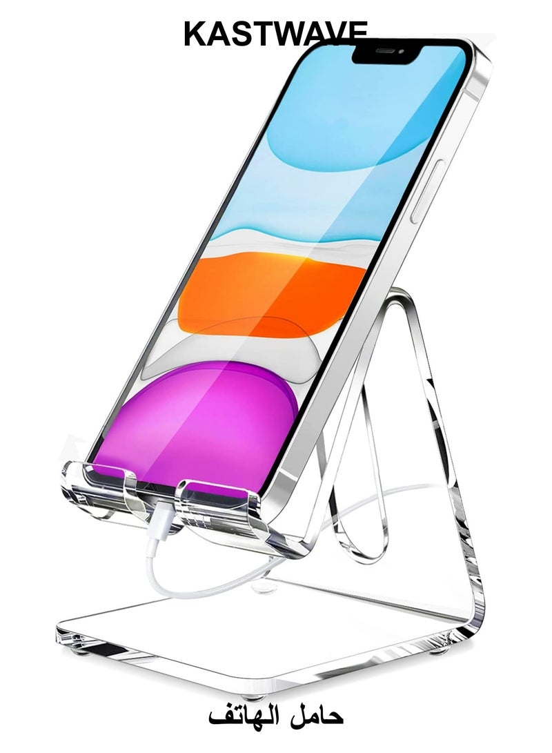 KASTWAVE Acrylic Cell Phone Stand, Clear Phone Holder, Portable Transparent Phone Stand for Desk Phone Dock Cradle Compatible with Phone15 14 13 Pro Max Mini Plus, Switch, Pad, Tablet, Desk Accessories - Image 1