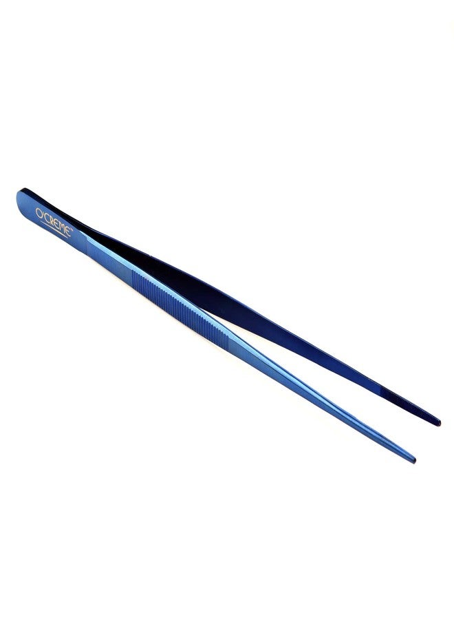 O'Creme 10 Inch Blue Precision Stainless Steel Kitchen Tweezer Tongs with Serrated Tips for Gripping - Image 1