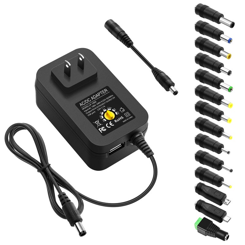 ALITOVE 30W Universal Power Adapter Adjustable AC Adapter 3V 4.5V 5V 6V 7.5V 9V 12V 2.5A Max Variable Power Supply 100V-240V AC to DC 3V~12V 0.5A 1A 1.5A 2A with 5V 2.1A USB Port 14 Tips, 4.9FT Cord - Image 1