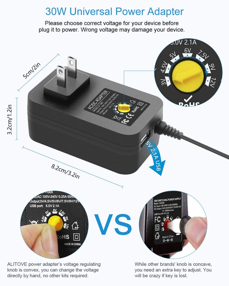 ALITOVE 30W Universal Power Adapter Adjustable AC Adapter 3V 4.5V 5V 6V 7.5V 9V 12V 2.5A Max Variable Power Supply 100V-240V AC to DC 3V~12V 0.5A 1A 1.5A 2A with 5V 2.1A USB Port 14 Tips, 4.9FT Cord - Image 2