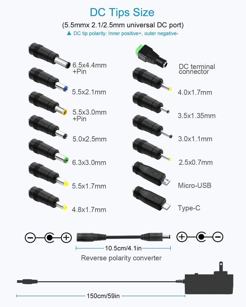 ALITOVE 30W Universal Power Adapter Adjustable AC Adapter 3V 4.5V 5V 6V 7.5V 9V 12V 2.5A Max Variable Power Supply 100V-240V AC to DC 3V~12V 0.5A 1A 1.5A 2A with 5V 2.1A USB Port 14 Tips, 4.9FT Cord - Image 3