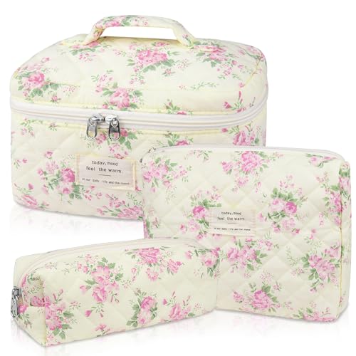 Gosect Makeup Bag Set Quilted Makeup Bag Large Floral Cosmetic Bag for Women Cute Cotton Makeup Bags Flower Travel Toiletry Organizer Bag Pink Floer - Image 1
