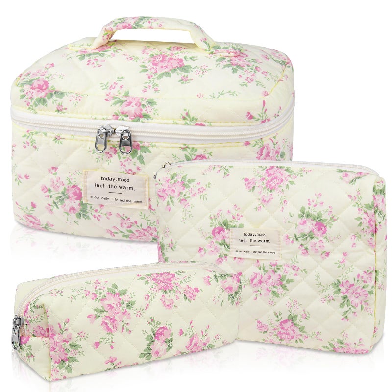 Gosect Makeup Bag Set Quilted Makeup Bag Large Floral Cosmetic Bag for Women Cute Cotton Makeup Bags Flower Travel Toiletry Organizer Bag Pink Floer - Image 2