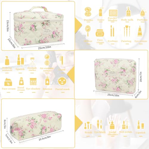 Gosect Makeup Bag Set Quilted Makeup Bag Large Floral Cosmetic Bag for Women Cute Cotton Makeup Bags Flower Travel Toiletry Organizer Bag Pink Floer - Image 3