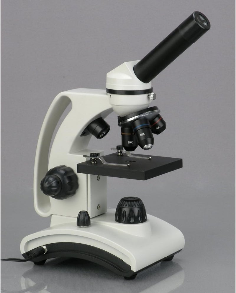 AmScope M160C-2L-PB10 Cordless Compound Monocular Microscope, WF10x and WF25x Eyepieces, 40x-1000x Magnification, Upper and Lower LED Illumination with Rheostat, Brightfield, Single-Lens Condenser, Coaxial Coarse and Fine Focus, Plain Stage, 110V or Battery-Powered, with Handle and Arched Base - Image 2