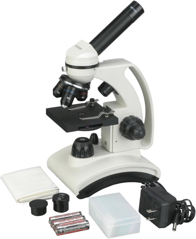 AmScope M160C-2L-PB10 Cordless Compound Monocular Microscope, WF10x and WF25x Eyepieces, 40x-1000x Magnification, Upper and Lower LED Illumination with Rheostat, Brightfield, Single-Lens Condenser, Coaxial Coarse and Fine Focus, Plain Stage, 110V or Battery-Powered, with Handle and Arched Base - Image 1