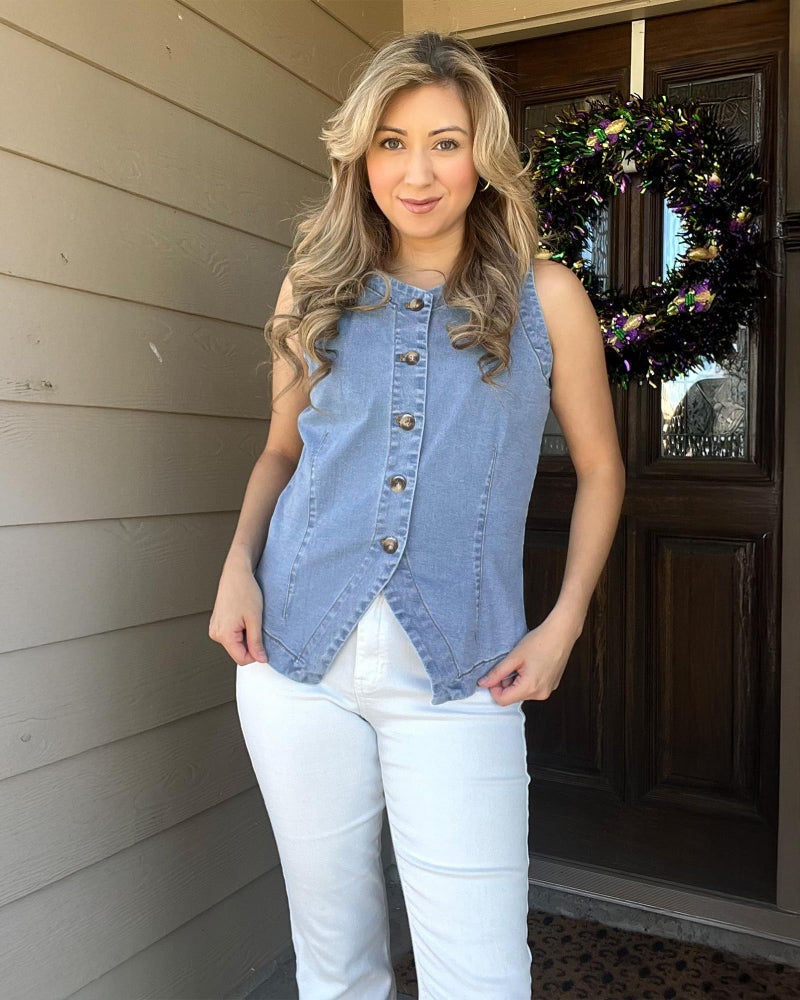 luvamia Denim Vest Top for Women Strechy Jean Sleeveless Top Button Down Crewneck Casual Summer Vest for Women Western Waistcoat Soft Sky Blue Medium US Size 8 Size 10 - Image 4