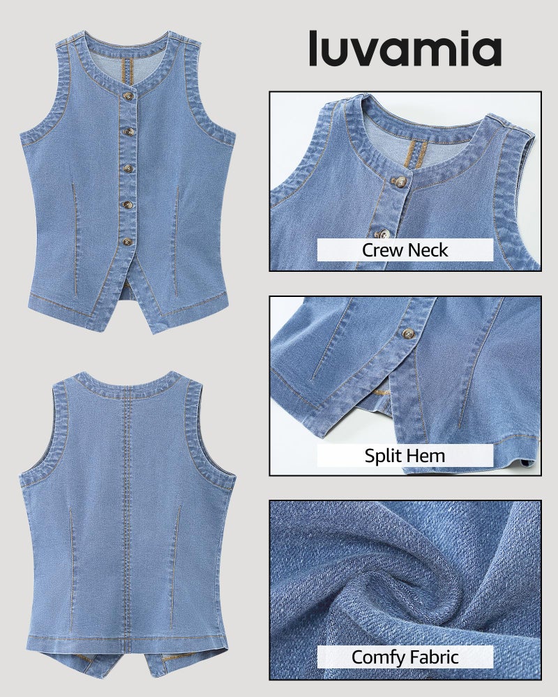 luvamia Denim Vest Top for Women Strechy Jean Sleeveless Top Button Down Crewneck Casual Summer Vest for Women Western Waistcoat Soft Sky Blue Medium US Size 8 Size 10 - Image 5