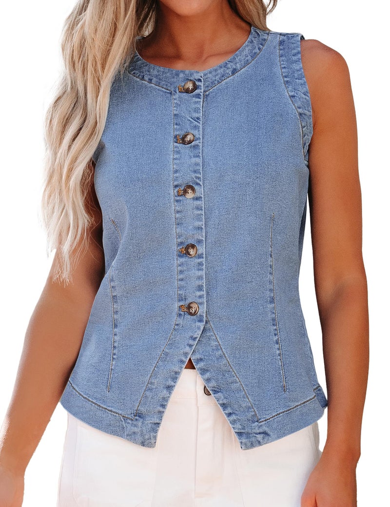 luvamia Denim Vest Top for Women Strechy Jean Sleeveless Top Button Down Crewneck Casual Summer Vest for Women Western Waistcoat Soft Sky Blue Medium US Size 8 Size 10 - Image 1