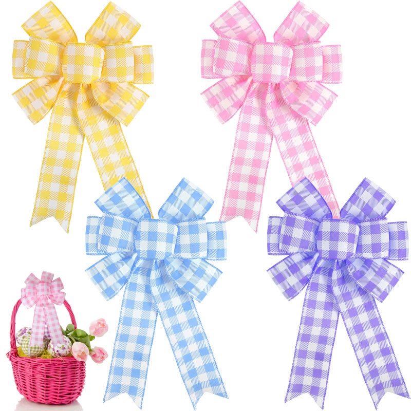 Juinte 4 Pcs Easter Spring Wreath Bow Decoration Large Colorful Burlap Wreath Ribbon Bows Ornaments for Easter Party Tree (Cute Colors) - Image 1