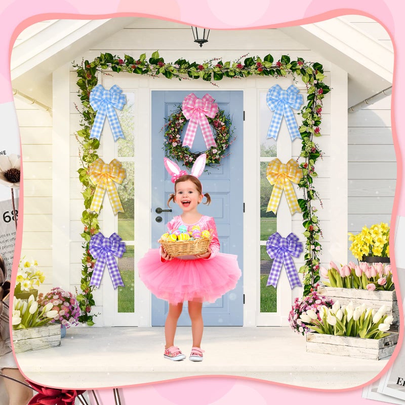 Juinte 4 Pcs Easter Spring Wreath Bow Decoration Large Colorful Burlap Wreath Ribbon Bows Ornaments for Easter Party Tree (Cute Colors) - Image 5