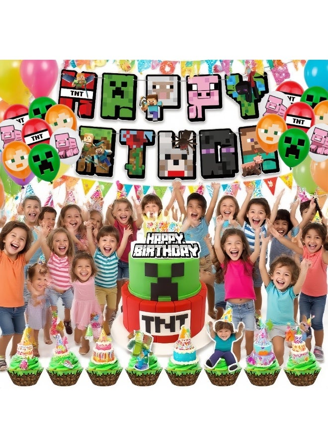 مجموعة أدوات حفلة عيد ميلاد على طراز البكسل - تتضمن لافتة عيد ميلاد سعيد، بالونات لاتكس، زينة كعك، زينة على طراز عمال المناجم للأولاد والبنات، مستلزمات حفلة ألعاب فيديو كرتونية - Image 2