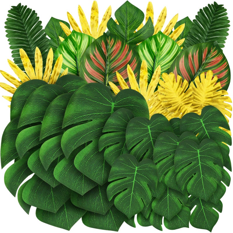 QUOZUO Jungle Party Decorations, 50 Pieces 8 Kinds Palm Leaves Artificial Tropical Monstera, Jungle Leaf with Stem for Jungle Hawaiian Luau Party Table Decoration Wedding Birthday, Green and Gold - Image 1