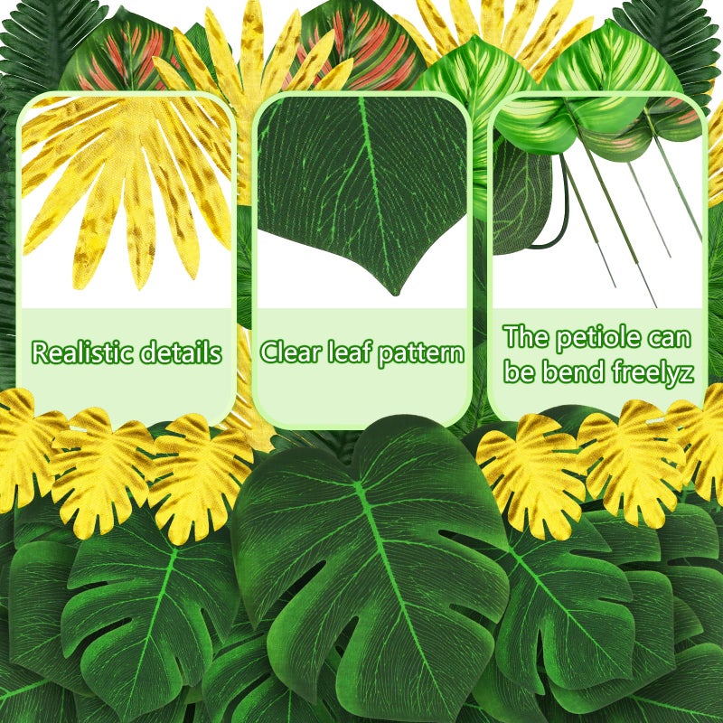 QUOZUO Jungle Party Decorations, 50 Pieces 8 Kinds Palm Leaves Artificial Tropical Monstera, Jungle Leaf with Stem for Jungle Hawaiian Luau Party Table Decoration Wedding Birthday, Green and Gold - Image 5