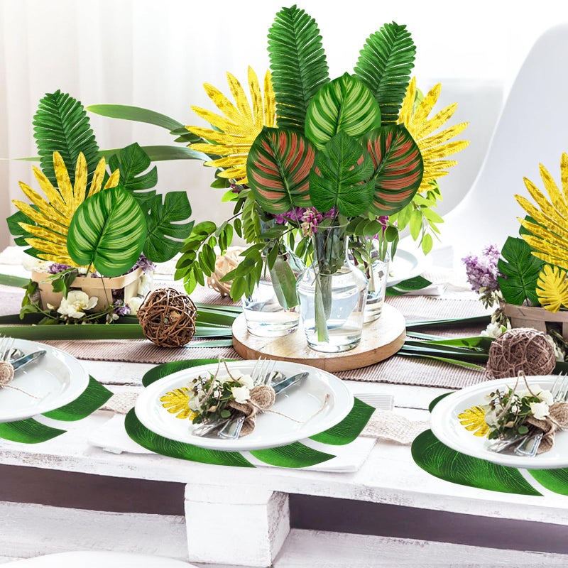 QUOZUO Jungle Party Decorations, 50 Pieces 8 Kinds Palm Leaves Artificial Tropical Monstera, Jungle Leaf with Stem for Jungle Hawaiian Luau Party Table Decoration Wedding Birthday, Green and Gold - Image 4