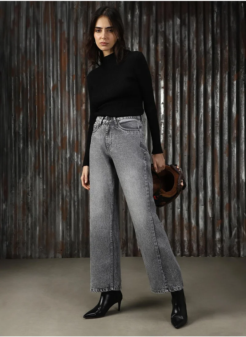 هاي ستار Women's Grey 100% Cotton Distressed Jeans