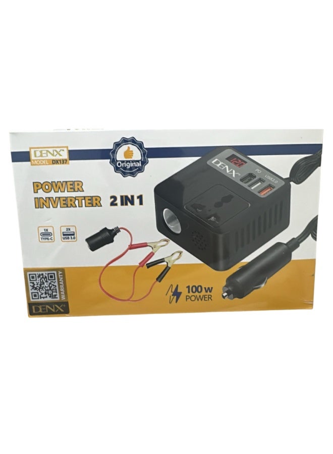 دينكس محول طاقة السيارة  2 في 1 100 واط مع منفذ Type C  USB DX137 - Image 2
