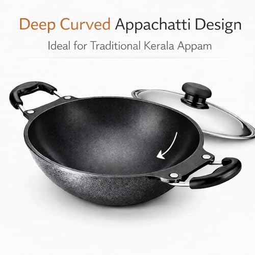 6th Planet Nonstick Appam Pan with Lid 23 cm | Appachatti for Kerala Appam | Deep Curved Appam Maker | Gas Stove Compatible | Stainless Steel Lid - Image 3