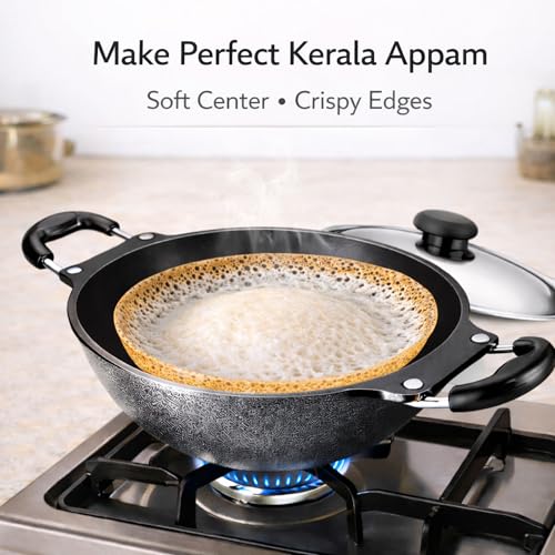 6th Planet Nonstick Appam Pan with Lid 23 cm | Appachatti for Kerala Appam | Deep Curved Appam Maker | Gas Stove Compatible | Stainless Steel Lid - Image 2