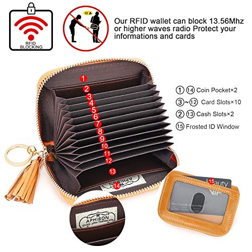 APHISON RFID Credit Card Holder Zipper Card Case Keychain Small Wallet for Women 1927 DARK-YELLOW - Image 3
