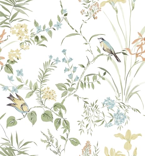 Erfoni 169 x118 Boho Floral Peel and Stick Wallpaper Green Floral and Birds Contact Paper DIY Self Adhesive Removable Wallpaper for Livingroom Cabinet Decor Modern Flower Leaf Wall Paper Vinyl Roll - Image 1