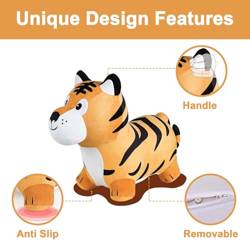 iPlay, iLearn Bouncy Pals Tiger Hopper Toy, Toddler Hopping Horse, Kid Plush Ride on Animal Bouncer W/Pump, Inflatable Bouncing Rider, Indoor Outdoor Jumping Birthday Gift 2 3 4 5 6 Year Old Boy Girl - Image 3