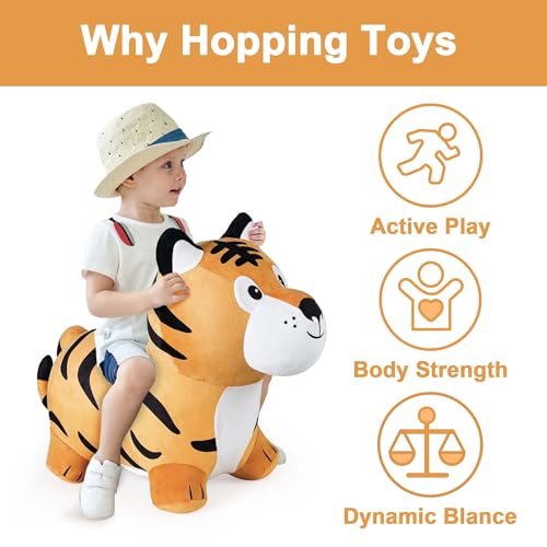 iPlay, iLearn Bouncy Pals Tiger Hopper Toy, Toddler Hopping Horse, Kid Plush Ride on Animal Bouncer W/Pump, Inflatable Bouncing Rider, Indoor Outdoor Jumping Birthday Gift 2 3 4 5 6 Year Old Boy Girl - Image 2