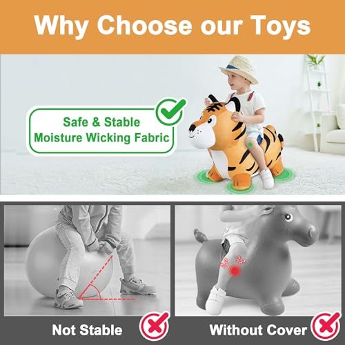 iPlay, iLearn Bouncy Pals Tiger Hopper Toy, Toddler Hopping Horse, Kid Plush Ride on Animal Bouncer W/Pump, Inflatable Bouncing Rider, Indoor Outdoor Jumping Birthday Gift 2 3 4 5 6 Year Old Boy Girl - Image 4