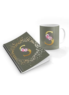 Stylizedd Designer Printed Coffee Mug + A5 Spiral Notebook Memo Notepad Journal Personalised Combo Gift Set  - Custom Monogram Initial Letter Floral Pattern Alphabet - S  (Olive Green )  - Image 1