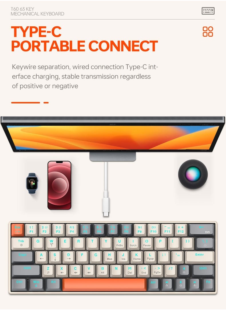 T-WOLF - 63 Keys Mechanical Gaming Keyboard ,75% Mini Wired Waterproof Backlit Silent Color RGB Light Effect ,Suitable for PC/Ps4/Xbox Gamers - Image 1