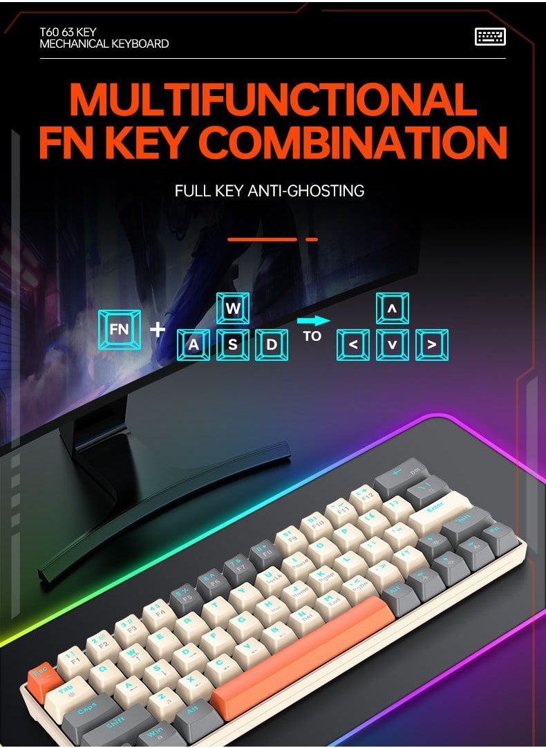T-WOLF - 63 Keys Mechanical Gaming Keyboard ,75% Mini Wired Waterproof Backlit Silent Color RGB Light Effect ,Suitable for PC/Ps4/Xbox Gamers - Image 1