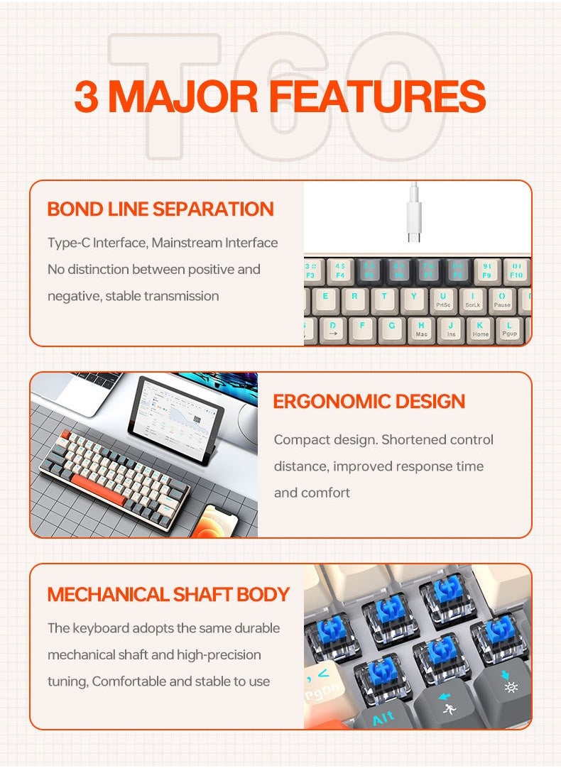T-WOLF - 63 Keys Mechanical Gaming Keyboard ,75% Mini Wired Waterproof Backlit Silent Color RGB Light Effect ,Suitable for PC/Ps4/Xbox Gamers - Image 1