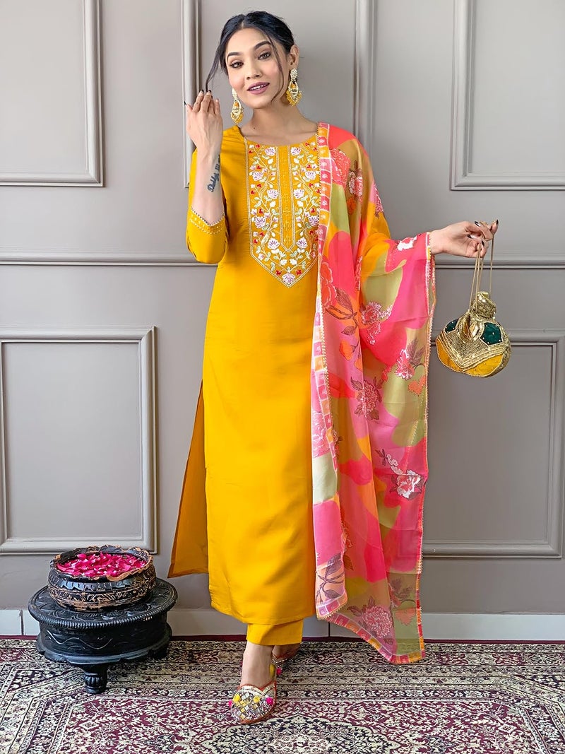 Naixa Women's Rayon Embroidered Straight Kurta with Pant and Dupatta Sets (NX-506-Yellow-XS) - Image 4