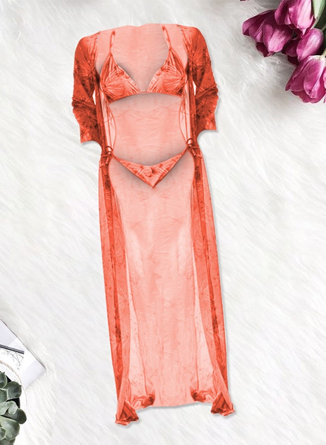 MARGOUN Medium Size Three-piece Digital Printing Bikini Ladies Beach Sunscreen Blouse Swimsuit Long Lace Dress Sheer Dress Sheer Kimono Dress Orange / M (Lower Bust 70/Waist 70-74)  - Image 1