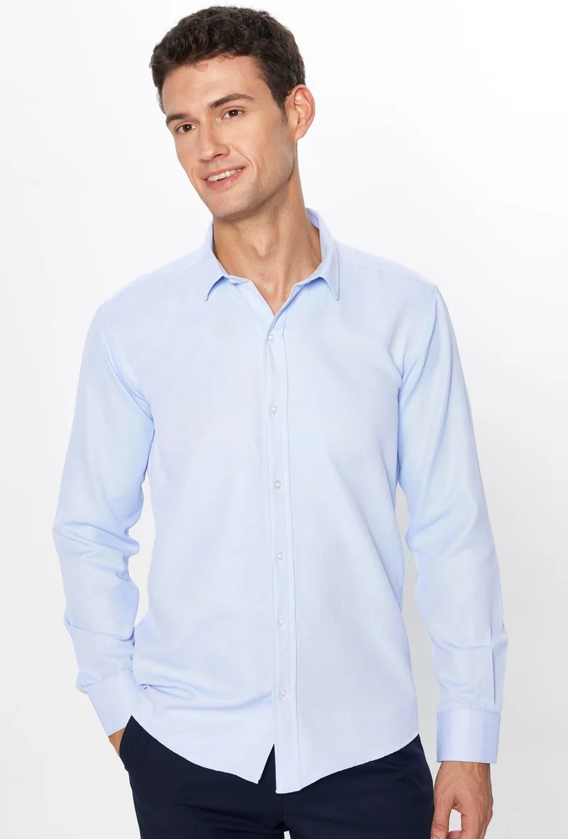 Tudors Men's Modern Slim Fit Slim Fit Long Sleeve Cotton Easy Iron Dobby Blue Shirt
