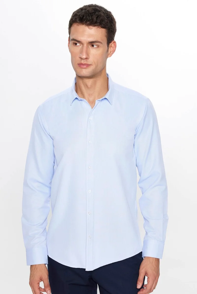 Tudors Men's Modern Slim Fit Slim Fit Long Sleeve Cotton Easy Iron Dobby Blue Shirt