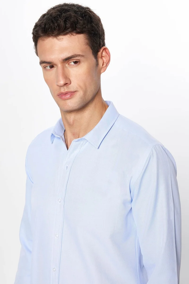 Tudors Men's Modern Slim Fit Slim Fit Long Sleeve Cotton Easy Iron Dobby Blue Shirt