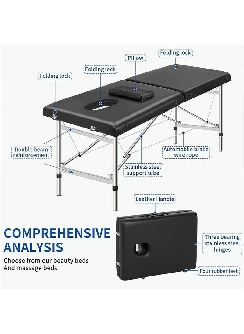 Yoawllty Massage Bed, Foldable Massage Table 70cm Wide with PU 2 Fold Thick Mattress and Pillow for SPA Salon Tattoo Massage Therapeutic Treatment(Black) - Image 2