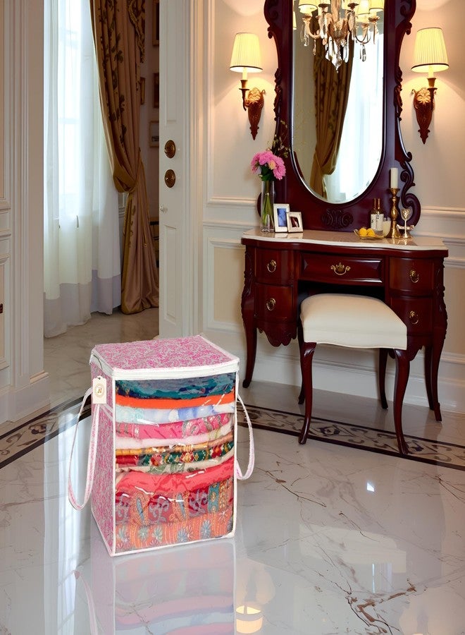 SHAPING FABRIC Pink Floral Fabric Saree Storage Bag with Transparent Front & Zipper Closure - Pack of 01 SNW-432 - Image 1