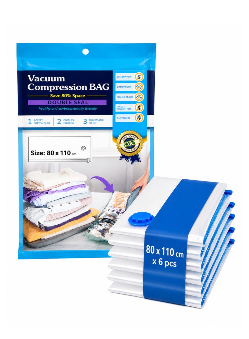 Vacuum Storage Bags 6 Pieces per Pack 80x110cm Reusable Compression Space Saving Double Seal Bags, Foldable, Durable and Space Saver for Packing Clothes and Bedding for Travel - Image 1