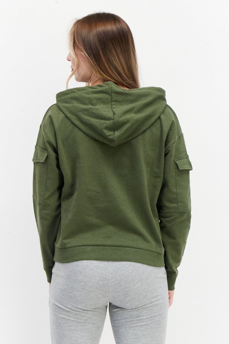 BRAVE SOUL Women Long Sleeve Plain Hoodie, Olive - Image 3