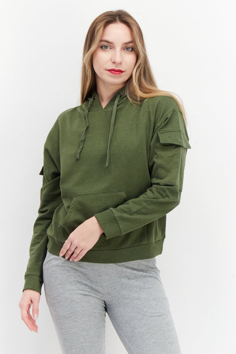 BRAVE SOUL Women Long Sleeve Plain Hoodie, Olive - Image 1