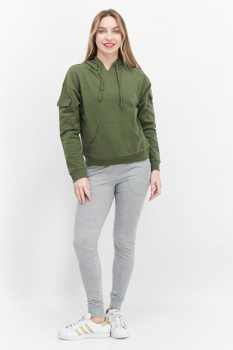 BRAVE SOUL Women Long Sleeve Plain Hoodie, Olive - Image 2