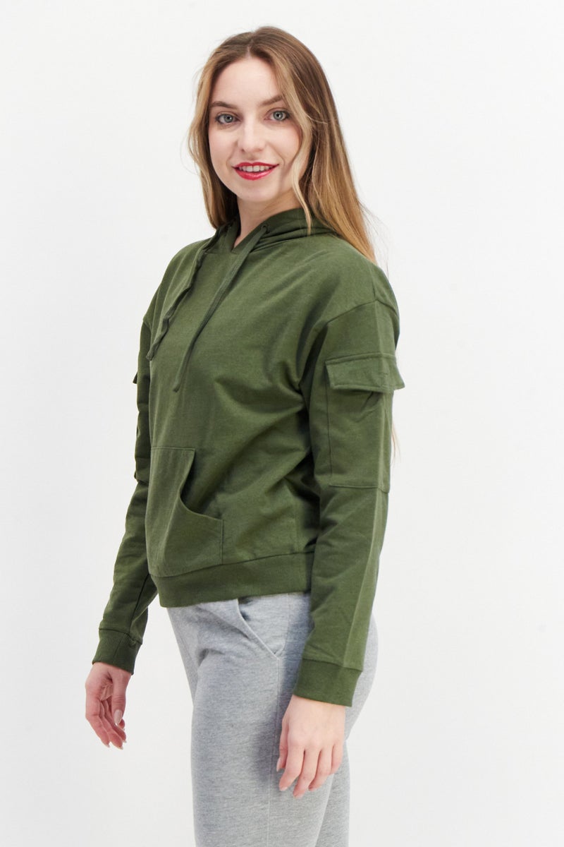 BRAVE SOUL Women Long Sleeve Plain Hoodie, Olive - Image 4