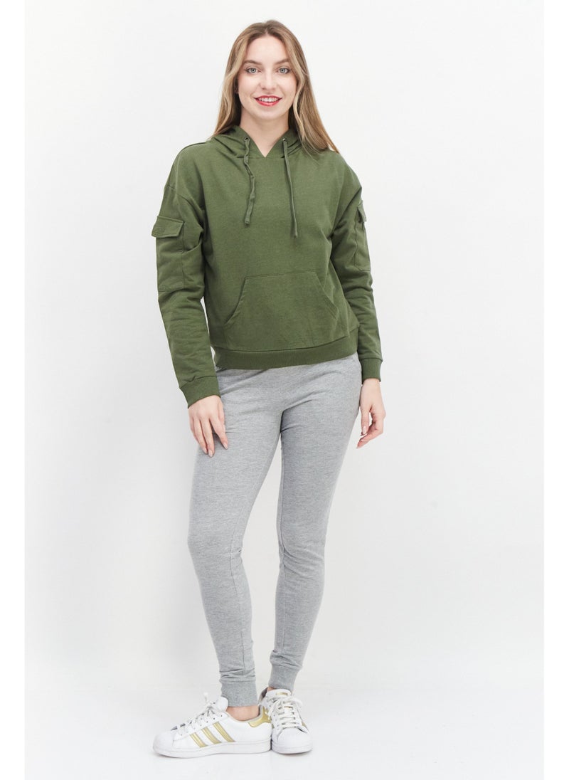 BRAVE SOUL Women Long Sleeve Plain Hoodie, Olive - Image 5