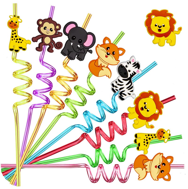 24pcs Forest Animals Crazy Shape Straws Drink Cocktail Straws for Lion Fox Zebra Giraffe Monkey Safari Birthday Party Supplies Party Favors Woodland Party Favors with 2 Cleaning Brushes 8 Colors