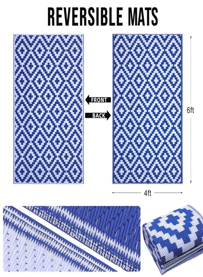 OLANLY Waterproof Outdoor Rug 4x6 ft, Outdoor Plastic Straw Rug for Camping, RV Mat Outside, Outdoor Carpet for Porch, Deck, Backyard, Balcony, Picnic, Blue & White - Image 2