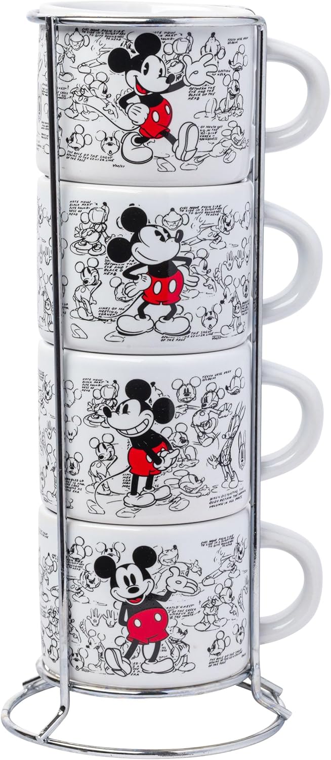 Silver Buffalo مجموعة أكواب إسبرسو صغيرة من السيراميك 4 قطع بتصميم رسومات قديمة لشخصية ميكي ماوس من سيلفر بافالو - Image 1